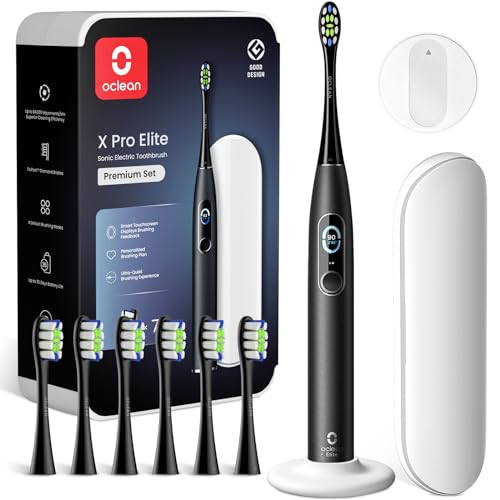 Oclean Elektrische Zahnbürste X Series Pro Elite Premium Set mit 7 Bürstenköpfe & Wandhalterung & Reiseetui, Schallzahnbürste mit Touchscreen, Sonic Electric Toothbrush mit Timer, Schwarz