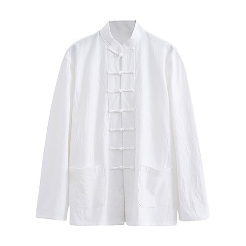 ZHOUXIAO Losen Tang Anzug Bequeme Baumwollwäsche Kampfkunstanzug Männer Chinesische traditionelle Kleidung, atmungsaktive Kung -Fu -Uniformen Tai Chi Kleidung Langarm Hemd White-6XL