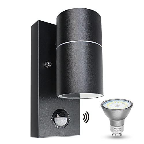 LED aussenleuchte mit Bewegungsmelder IP44 wasserdicht Modern GU10 Wandleuchte Schwarz matt innen aussen wandlampe inkl. 1x 5W GU10 LED Warmweiß 230V, 1 Stück