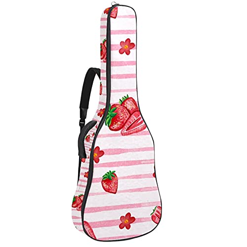 Gitarrentasche 109x43x12cm 2 Taschen Gitarrenkoffer Wasserdichtes Oxford-Tuch 0,4 Zoll ExtraThick Schwamm Überpolstert für akustische klassische Gitarre ， Gestreifte Aquarell-Erdbeeren