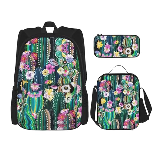 WURTON Rucksack mit blühendem Kaktus-Druck, 3-in-1, Büchertaschen-Set, Lunchbox, Federmäppchen, Reise-Laptop-Tagesrucksäcke, Schwarz, Einheitsgröße