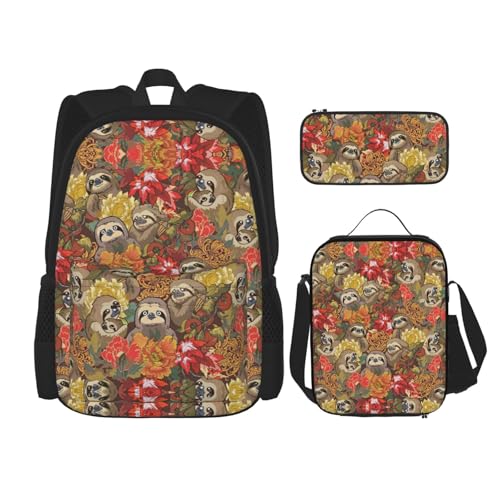 WURTON Lustiges Faultier-Druck-Rucksack-Set, Schul-Büchertasche mit Lunchtasche, Federmäppchen, Kombination, Schultaschen-Set