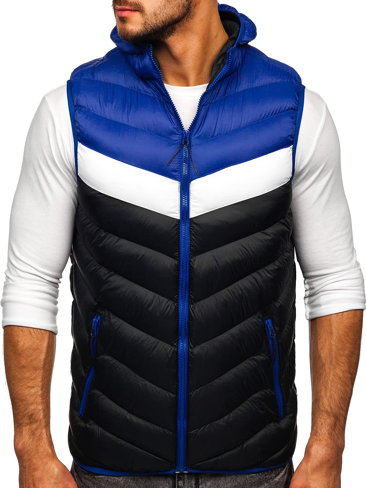 BOLF Herren Weste mit Kapuze Steppweste Bodywarmer Kapuzenweste Daunenweste Reißverschluss Weste Ärmellose Sportweste Zip Wärme Freizeit Outdoor Style HDL88004 Dunkelblau M [1U1]