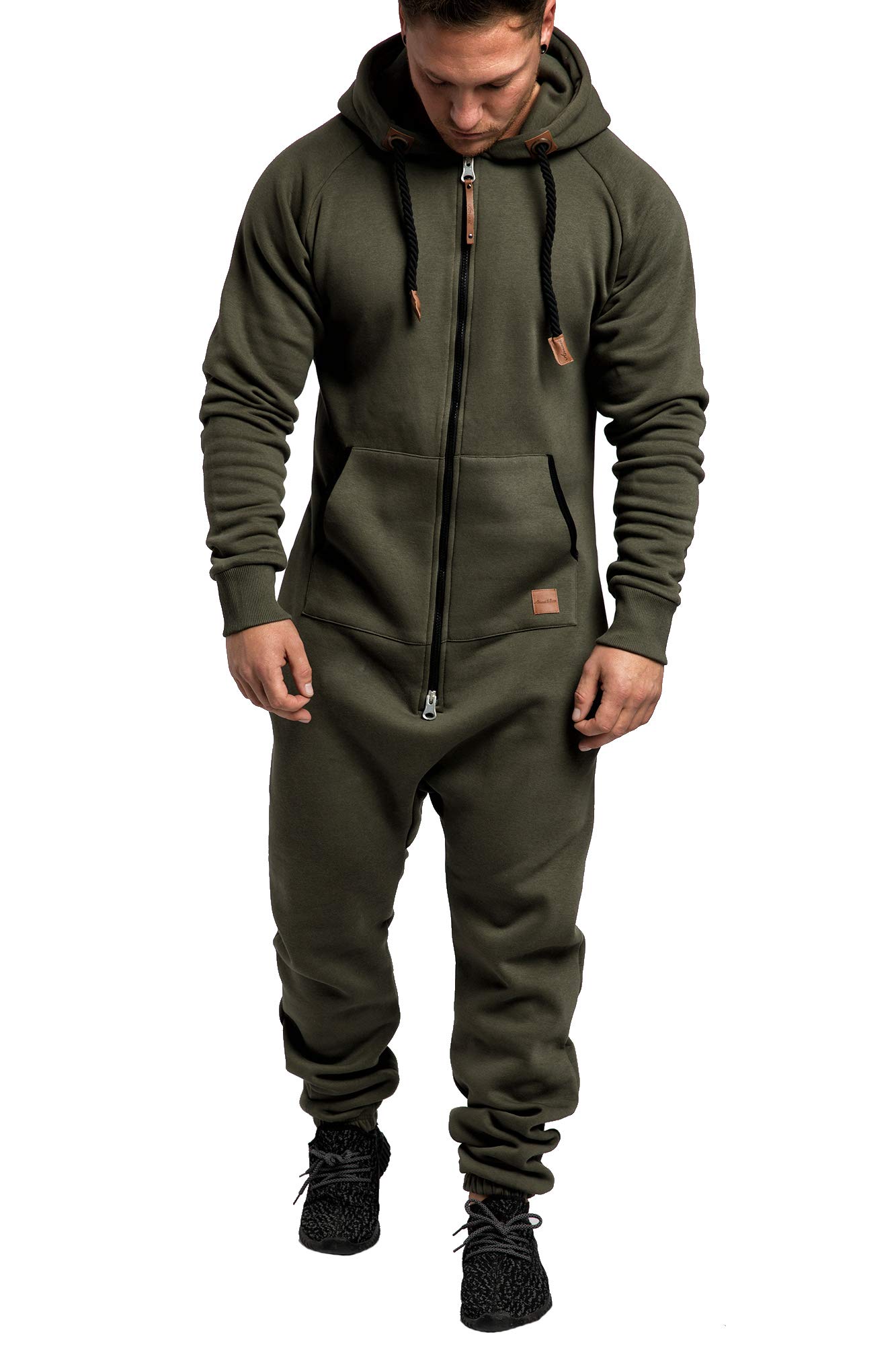 Amaci&Sons Herren Overall Jumpsuit Jogging Onesie Trainingsanzug 3007 Khaki/Schwarz L