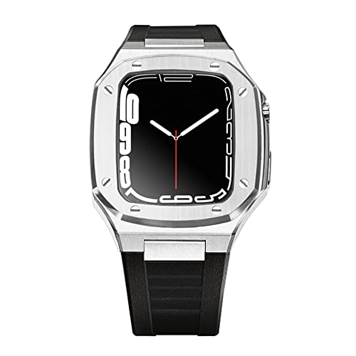 TONECY Luxuriöses Metallarmband und Gehäuse für Apple Watch, Mod Kit 41 mm, 44 mm, 45 mm, Modifikationsset, Gummiset, iWatch Serie 8, 7, 6, SE, 5, 4 Correa (Farbe: Rot / Schwarz, Größe: 45 mm)