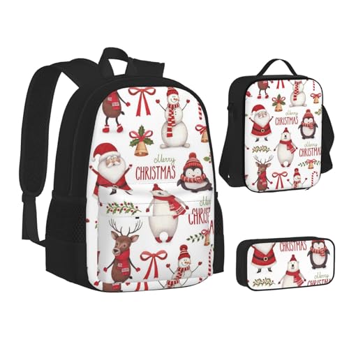 WURTON Büchertasche mit Weihnachtsmann-Motiv, 3-in-1, Schulrucksack-Set, Kinderrucksack, Lunch-Tasche, Federmäppchen, 3-in-1