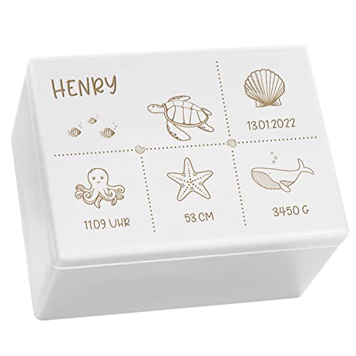 Kekskrone personalisierte Holzkiste mit Deckel - Ocean Serie - Weiß - ca. 40 x 30 x 24 cm - personalisierte Geschenke Baby - Aufbewahrungsbox Kinder - Taufgeschenke für Mädchen