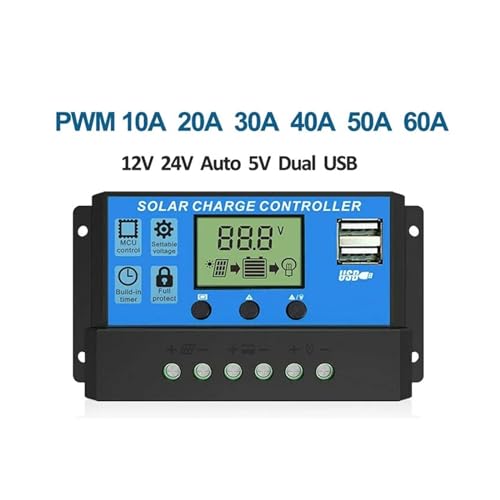 Solarregler, PWM Solar Laderegler 60A 50A 30A 20A 10A 12/24V Solar Panel Regler LCD Display Dual USB 5V Ausgang PV Regler Last(60A)