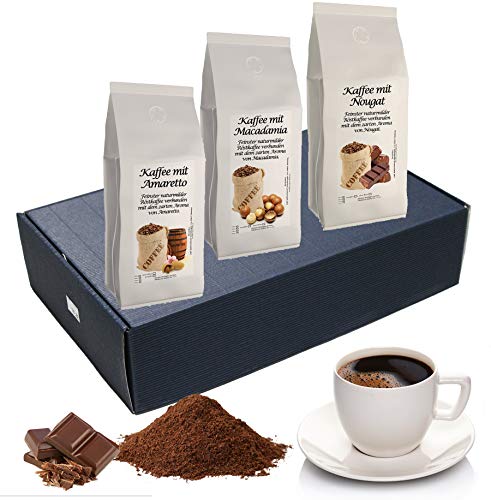 Geschenk Set Aromatisierter Kaffee Gemahlen 3 x 200 g (Amaretto, Macadamia und Nougat)