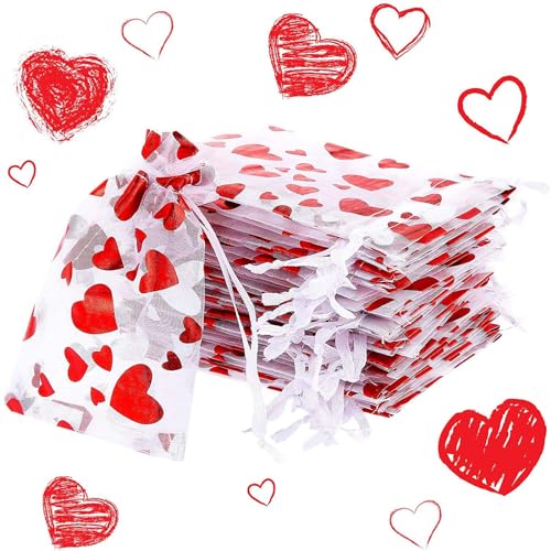 50 Stück Valentinstag Süßigkeitentüten Herz Geschenkpapier Kordelzug Geschenktüten für Valentinstag Party Supplies