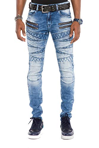 Cipo & Baxx Herren Jeans Hose Slim Fit Jeans Hose Used Look Denim Hose Ziernähten Blau W38 L32