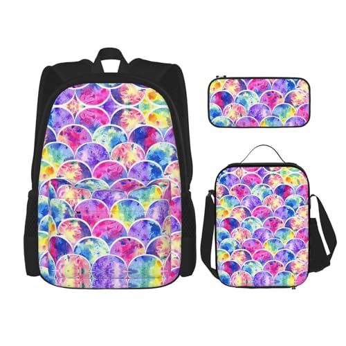 WURTON 3-in-1 Büchertaschen-Set, Regenbogenfarben, Meerjungfrauen-Druck, verstellbarer Schulter-Rucksack, Lunch-Tasche, Federmäppchen, Beutel, Schwarz, Einheitsgröße