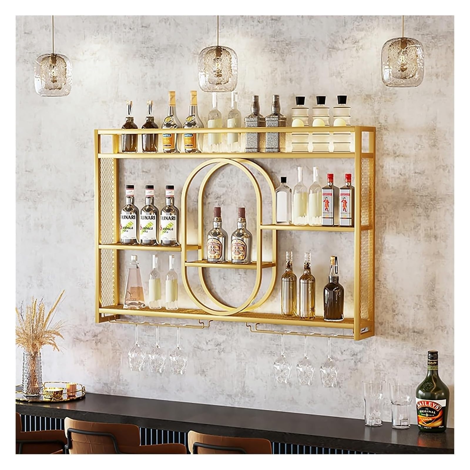 Hängende industrielle runde Weinregale, An der Wand montiertes Weinregal mit LED-Licht, schwebende Metallregale mit hängendem Weinglashalter, for Bar, Weinkeller, Küchendekor(Gold,120x15x80cm)