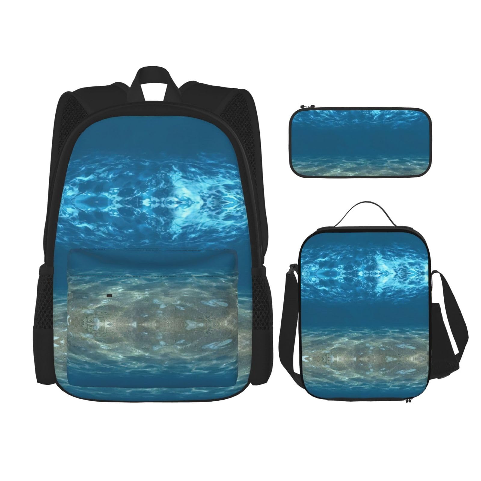 WURTON Blue Ocean Sea Wavy Seascape Print Shoulder Backpack 3 in 1 Bookbag Set Lunch Box Pencil Case Travel Laptop Daypacks, Schwarz, Einheitsgröße