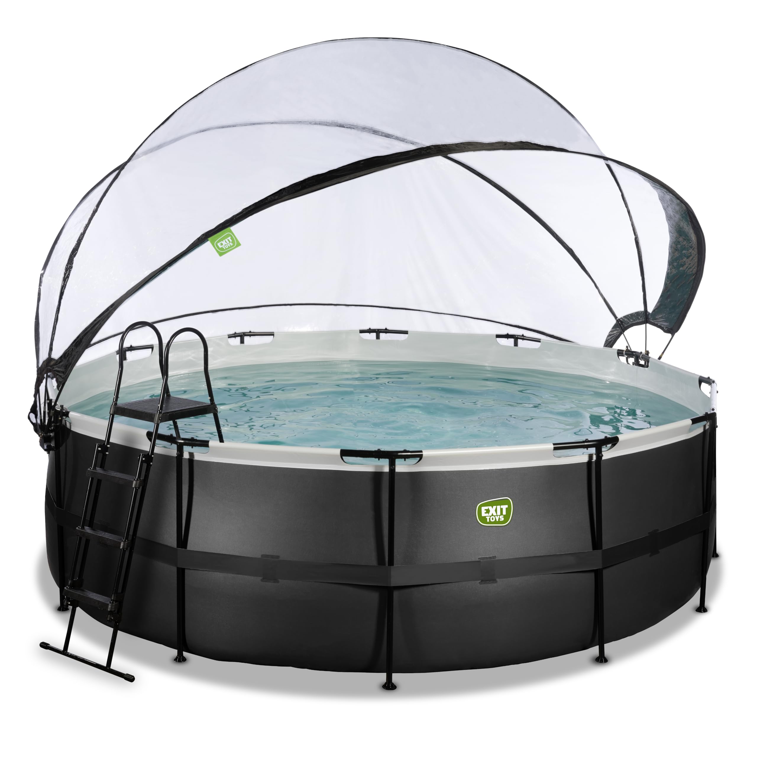 EXIT Toys Black Leather All-in-one Pool mit Multifunktionale Abdeckung, Sandfilterpumpe und Umfangreichem Zubehörset - ø427x122cm - Großer, Runder Rahmenpool - Extra tiefer Pool mit Leiter - Schwarz