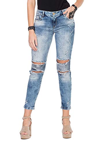 Cipo & Baxx Damen Skinny Jeans Destroyed-Look Denim Hose 5 Pocket Design WD331 W27 L34 Blau