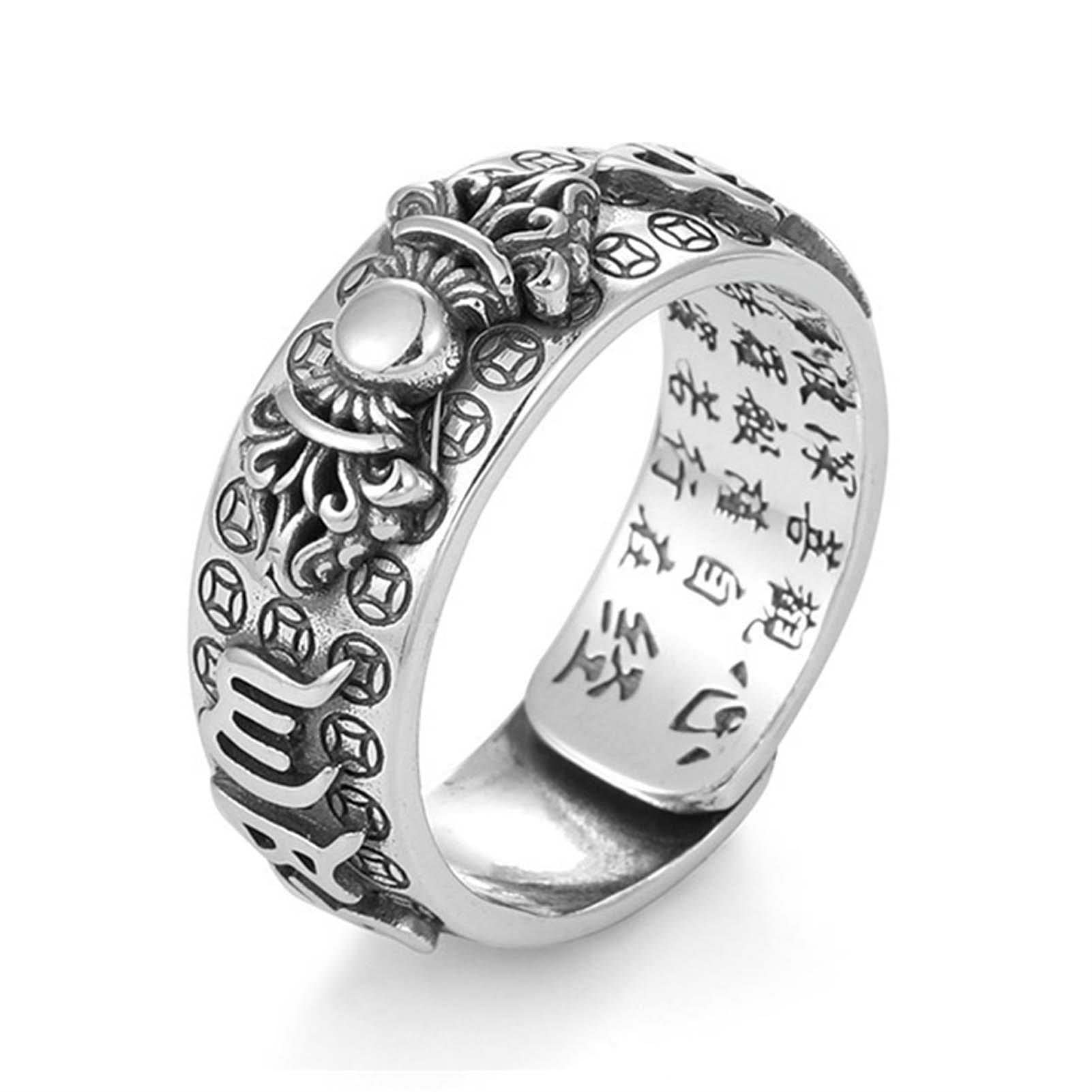 Glücksring, Feng Shui Pixiu Mantra Ring S925 Silber Buddhistisches Glücksamulett Mantra Doppelter Schutz Reichtum Liebe Gesundheit Ring Geschenk for Männer Frauen, Gold 2, verstellbar ( Color : Silver