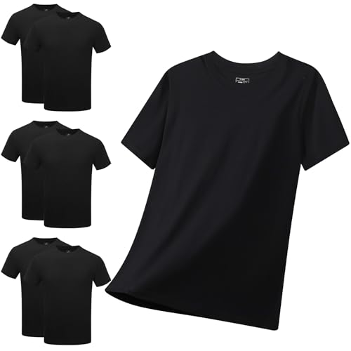 FALARY T Shirt Herren Schwarz 100% Bio Baumwolle Rundhalsausschnitt 6er pack Ideales Basic perfekte Passform XL