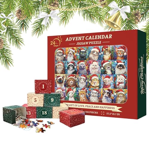 Adventskalender 2024 - Weihnachtspuzzles | 2024 Katzenpuzzle-Puzzle-Weihnachts-Countdown-Kalender | Präzise Geschnittene Strumpffüller Für Weihnachten, Geburtstag, Kindertag