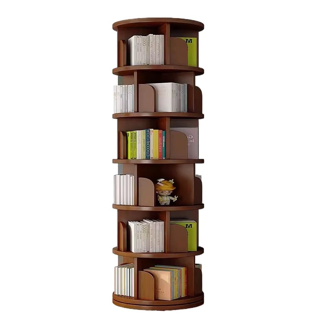 GNBOW Drehbares Bücherregal mit 6 Ebenen, 360°-Display, rundes Bücherregal aus Holz, Eckbücherregal for kleine Räume for Schlafzimmer, Wohnzimmer(Brown)