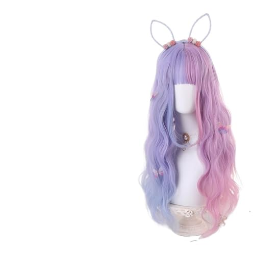 AnimeKostüm,Cosplay Perücke, Weiche, halb blaue, halb violette Perücke mit Pony und langem lockigem Haar for Mädchen