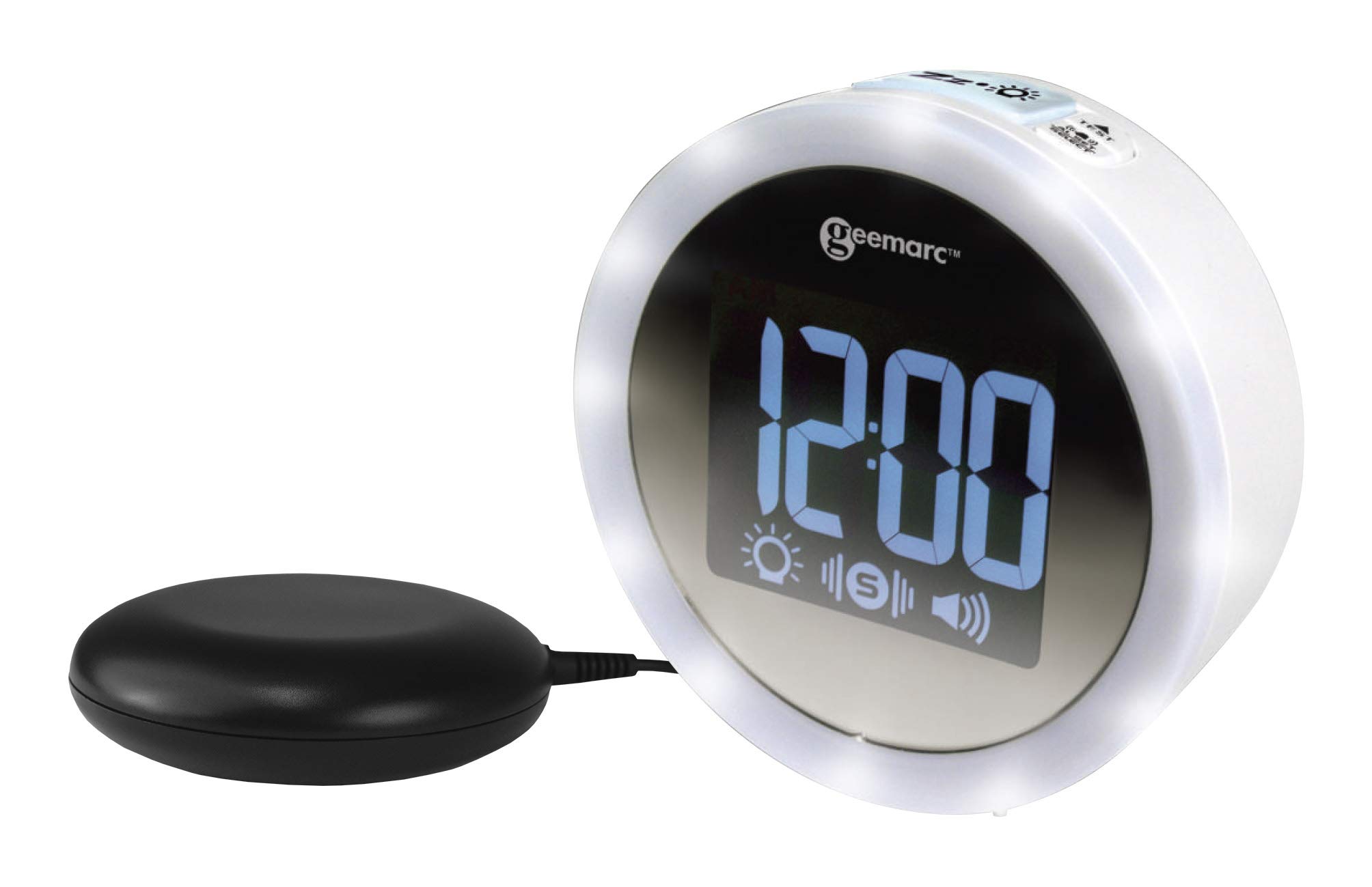 Wecker mit 95dB lautem Alarm, Blitzlicht und Vibrationskissen - Geemarc Wake 'N' Shake Star weckt Langschläfer, Hörgeschädigte und Taube - USB-Ladegerät - Version DE