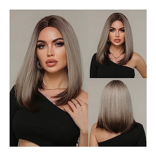 Perücken Lange gerade synthetische Perücken for Frauen, Ombre-Braun, Platin-Highlight-Perücke mit dunklen Wurzeln, Cosplay, hitzebeständiges Haar Damenperücke