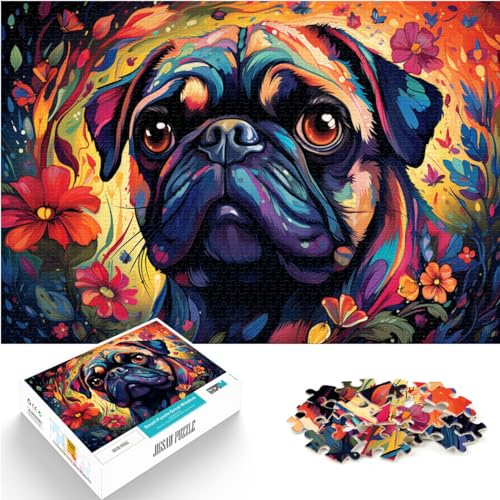 Puzzles für farbenfrohes, psychedelisches Mops-Gemälde. 1000-teiliges Holzpuzzle als Geschenk für die ganze Familie, 1000 Teile (50 x 75 cm)