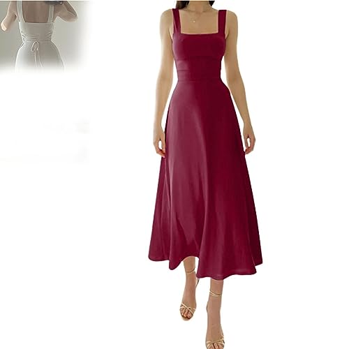 GodbTG New Women's Thick Straps Midi Dress, Women's Thick Straps Dressretch, Summer Women's Thick Strap Slim-fit Waist Dress (Claret,M)