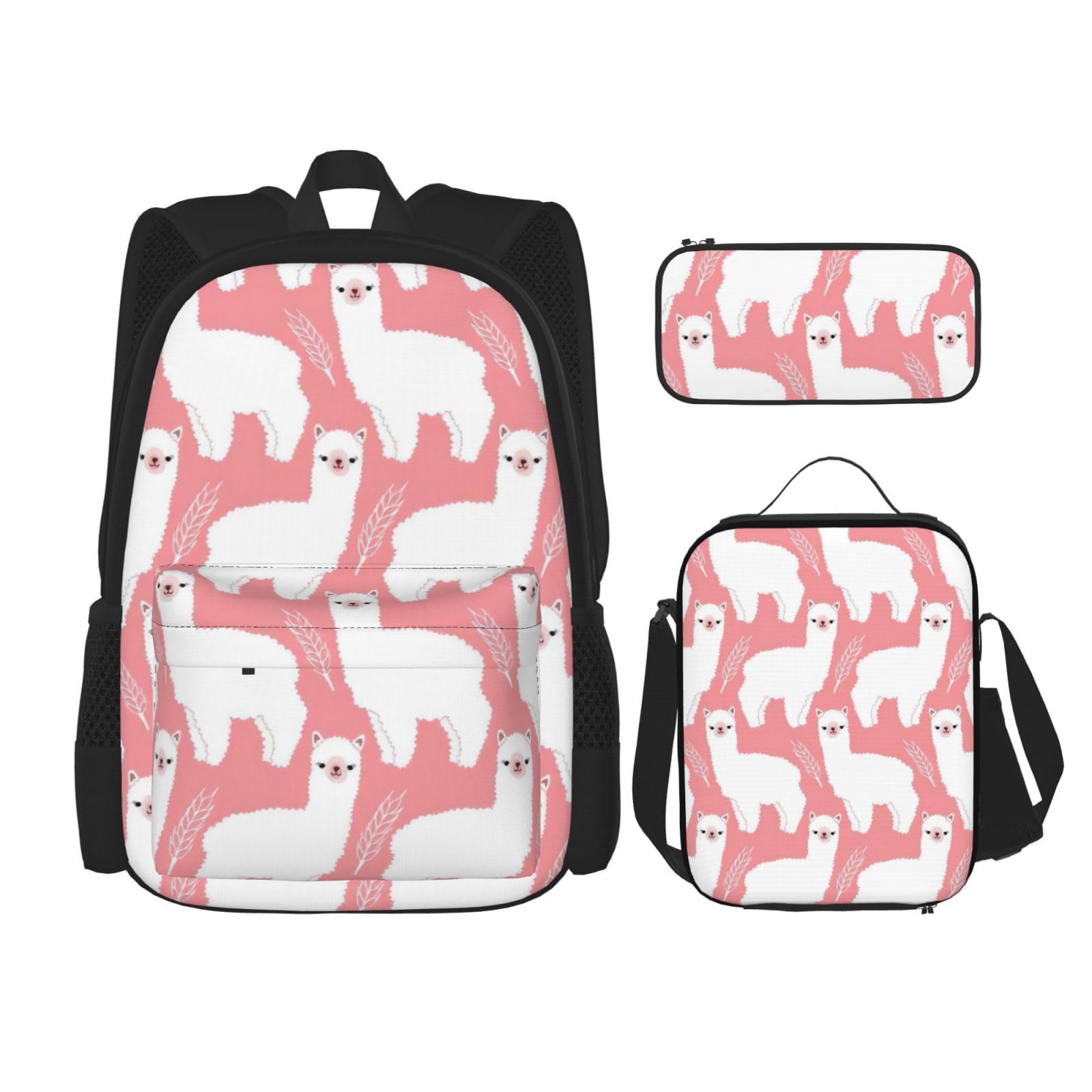 WURTON Alpaka Lama Print Rucksack Mädchen Jungen Schultaschen Teenager Lunchbox und Federmäppchen 3 in 1 Büchertaschen Set