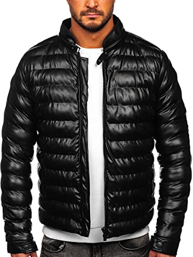 BOLF Herren Lederjacke Kunstlederjacke Bikerjacke Übergangsjacke Steppjacke Kapuze Motorradjacke Pilotenjacke Fliegerjacke Bomberjacke Stehkragen Casual Style 5M796 Schwarz L [4D4]