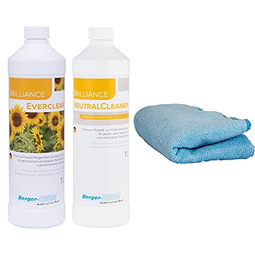 Berger-Seidle Brilliance L93 Everclear, Premium Parkett Pflegemittel für versiegelte Holz,- Laminat und Fliesen Oberflächen, seidenglänzend + Neutralcleaner+Poliertuch