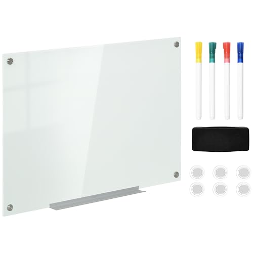 Vinsetto Whiteboard Magnettafel mit 4 Stifte, 6 Magnete, 1 Schwamm,1 Ablage, Staffelei Glastafel Wandmontage leicht abwischbar 90 x 60 cm