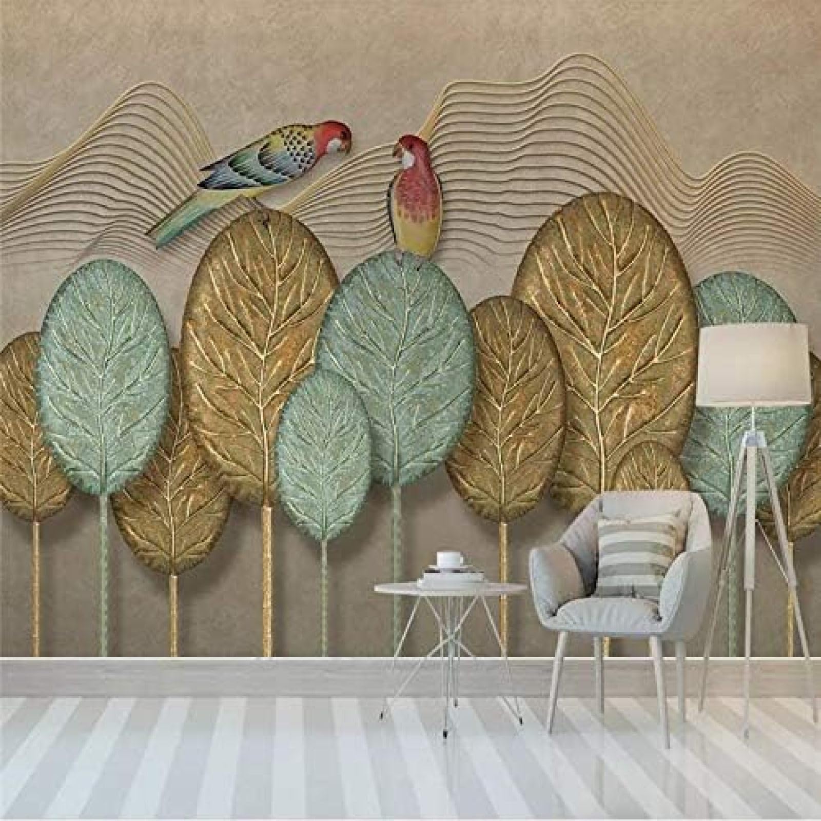 XLMING Bunter Papageienvogel Auf Einem Goldfadenbaum 3D Tapeten Home Esszimmer Sofa Schlafzimmer Wohnzimmer TV Hintergrund-150cm×105cm