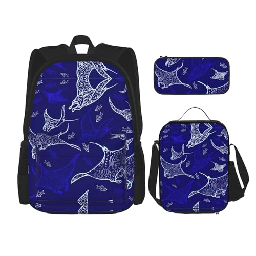 WURTON Manta Ray und Fisch-Druck, 3-in-1-Sets, lässig, verstellbar, Schulter-Rucksack, Lunch-Tasche, Federmäppchen, Beutel, Schwarz, Einheitsgröße