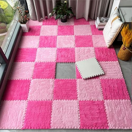 30 Stück Flauschige 30,5 x 30,5 cm große Teppichquadrate, ineinandergreifende Plüsch-Bodenfliesen, Puzzleteil-Bodenmatte, Puzzlematte für Spielzimmer, Wohnzimmer, rosa + rosarot, 0,39 Zoll