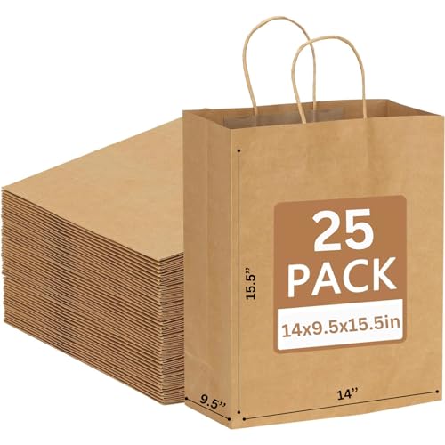 JET PAPER BAGS 38.1x25.4x40 cm Geschenktüten aus Kraftpapier mit gedrehten Griffen. Ideal für Heimwerker, Business, Mitnehmen, Lebensmittel, Hochzeit und Merchandise Recycelbare B ags (braun, 25)