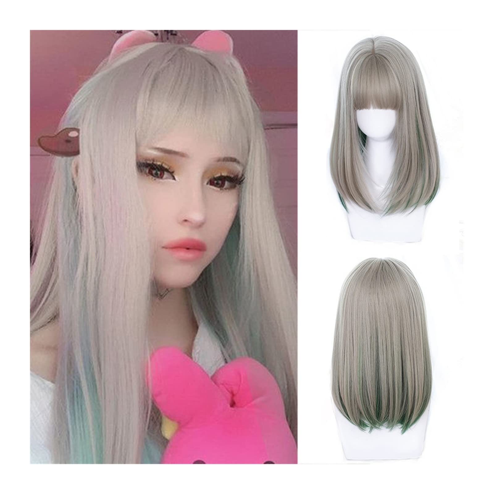 Perücken Perücke mit langem glattem Haar und Pony, hellbraun, gemischt, grün, synthetische Perücke, natürliches Highlight, grüne Hochtemperatur-Faserperücke for tägliches Party-Cosplay Damenperücke