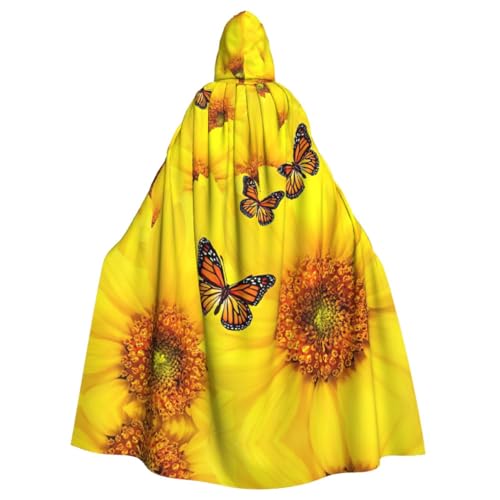 WURTON Gelbe Blumen Schmetterlinge Druck Elegance Kapuzenumhang für Halloween Karneval Mottopartys Cosplays Erwachsene Unisex