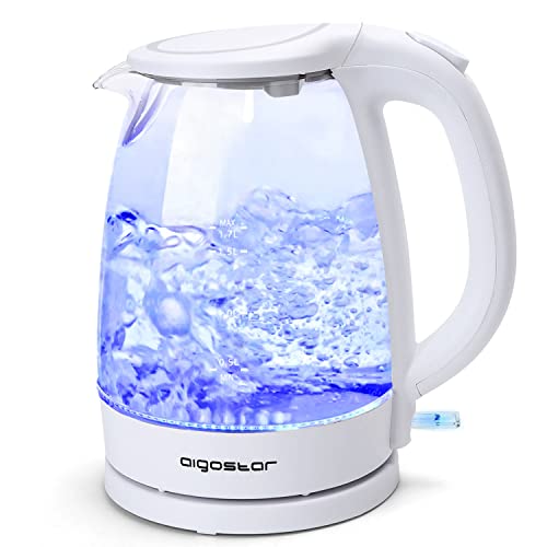 Aigostar Eve - Wasserkocher Glas 1,7 Liter Weiß, Glaswasserkocher LED Beleuchtung, Optimierte Ausgusstülle, Kalkfilter, 360° Basis, 2200 Watt, Abschaltautomatik Trockenschutz, Edelstahl Heizelement