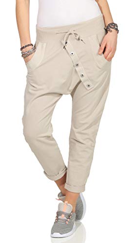 295 Damen Hose Sweatpants Jogginghose Baumwolle Freizeithose Boyfriend Bagg Sporthose mit Gummibund Beige