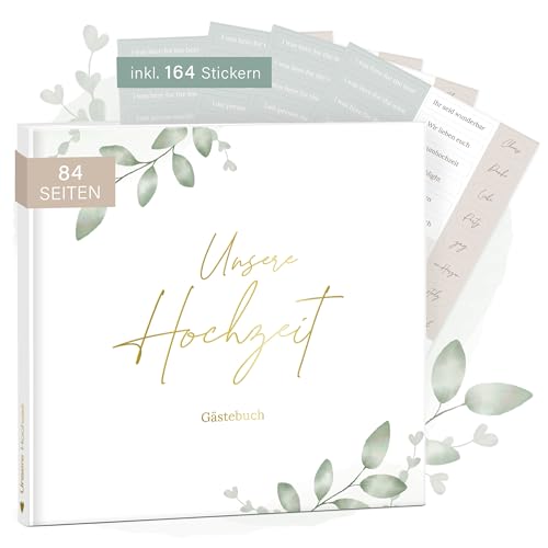 mintkind® Gästebuch Hochzeit zum Ausfüllen Greenery inkl. 4 Stickerbögen | 84 Seiten zum kreativen Gestalten | Hochzeitsgeschenke für Brautpaar als Hochzeit Deko | Goldene Hochzeit Silber Hochzeit