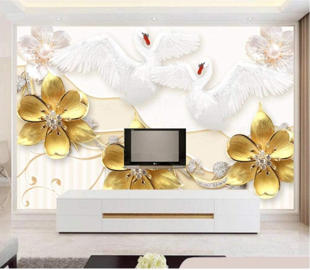 Weißer Schwan Goldene Blume 3D Tapete Poster Restaurant Schlafzimmer Wohnzimmer Sofa TV Dekorative Wand-200cm×140cm