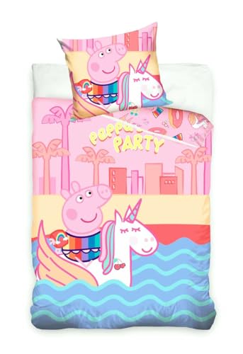 JACK Renforcé Wende Bettwäsche 2 TLG. 135x200cm Peppa Wutz Rosa Einhorn Peppa's Party Bunt Rosa Knopfleiste