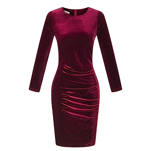 VOIV Luxuriöses gesponnenes Goldsamt-Bleistiftkleid für Büro-Damen, figurbetont, langärmelig, Abendparty, schlankes Midi-Kleid, elegant