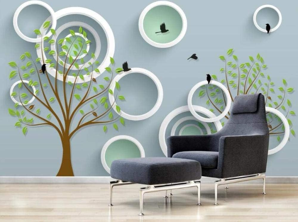 Weiß Geometrische Kreise Grüner Baum Fliegende Vögel 3D Tapete Poster Restaurant Schlafzimmer Wohnzimmer Sofa TV Dekorative Wand-400cm×280cm