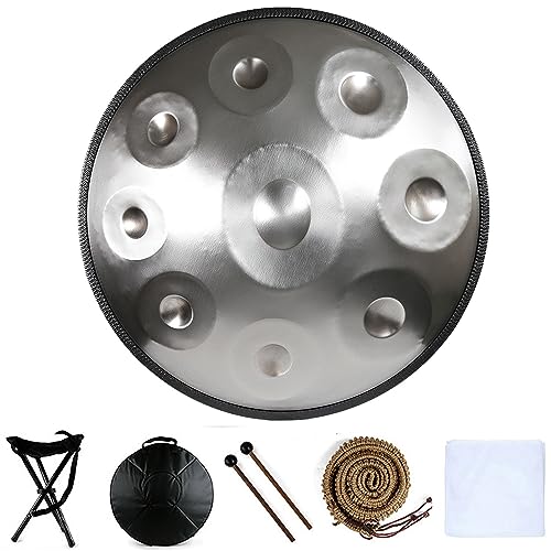 D-Moll Handpan-Trommel in 432 Hz, 9, 10, 12 Noten, 55,9 cm Stahl-Handtrommel mit Tasche, Schlägeln und Ständer, perfekt für Meditation, Yoga und Entspannung