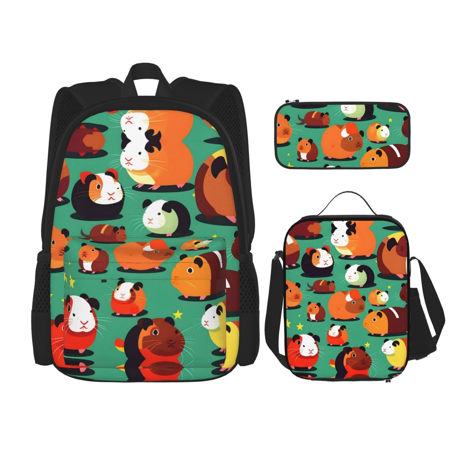 YQxwJL 3-in-1-Rucksack-Büchertaschen-Set, grüner Alien-Druck, lässiger Reiserucksack, mit Federmäppchen, Lunchtasche, Süßes Meerschweinchen, Einheitsgröße