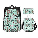 WURTON Pudel Hunde Druck Trendy Rucksack Taschen Lunchbox und Federmäppchen 3 in 1 Verstellbarer Rucksack Set, Schwarz, Einheitsgröße, Schwarz , Einheitsgröße