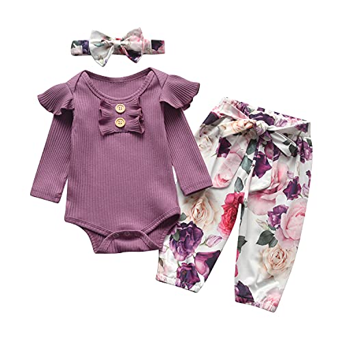 Tinykeke Neugeborenes Baby Mädchen Kleidung Sets Kleinkind Langarm Strampler Rüschen Tops & Blumen Bedruckte Hosen und Stirnband 3 Stück Outfits Sets (3-6 Monate) Lila